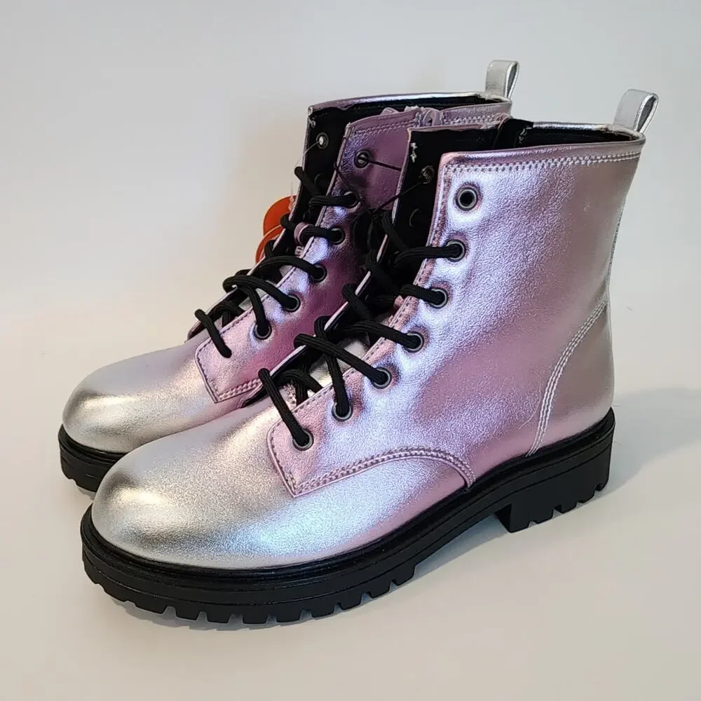 Wonder Nation Big Girls Size 6 Combat Boots Metallic Silvery Purple Color New